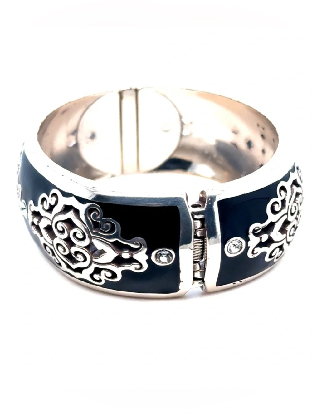 Brighton‎ Black Enamel Silver-Tone Filigree Bangle Bracelet